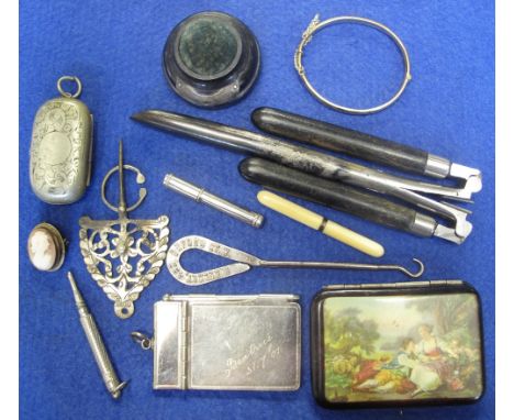 A collection of assorted items including an aid memoir, folding curling iron, a tooth pick in ivory case etc.(B.P. 24% incl. 