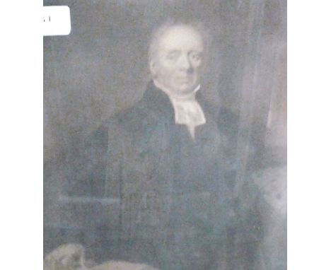 A rosewood framed black and white portrait print depicting depicting Duncan McFarlan