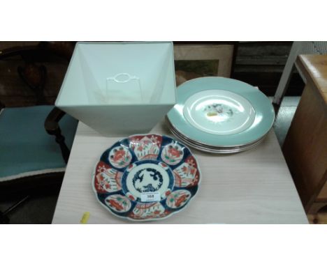 An Imari patterned plate; a quantity of Ridgway dinner plates; and a lamp shade