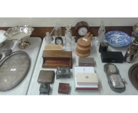 A Scandinavian style peg tankard; an Edwardian mahogany mantel clock; an art nouveau style box and cover; various glass bottl