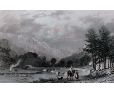 Two black and white prints after F Robson; together with two oil on board landscape studies; a coloured print of a dog etc. 
