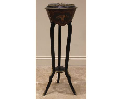 A Louis XV style marquetry and ebonised jardinere planter stand, 20th century, the detachable cover inset with a plate stampe