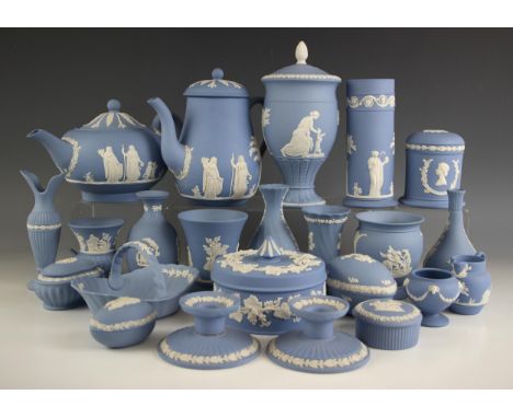 A selection of Wedgwood blue jasper wares, 20th century and later, to include a lidded urn, 22cm high, a coffee pot and cover