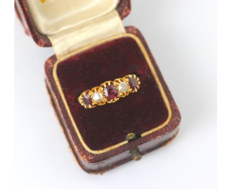A 19th century untested ruby and diamond five stone ring, the central cushion cut untested ruby with old cut diamond to each 