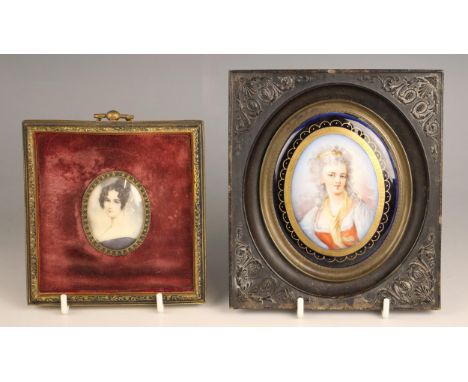 English school (late 19th or early 20th century),  An oval portrait miniature depicting a young lady with dark hair in blue d