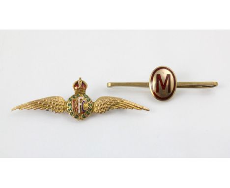 A yellow metal ‘RFC’ sweetheart brooch, decorated in red, white and green enamel with chased detail to wings, 6cm long, stamp
