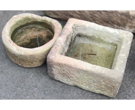 A 19th century rectangular sandstone trough, 24cm H x 50cm W x 46cm D, along with a circular sandstone trough, 22cm H x 47cm 