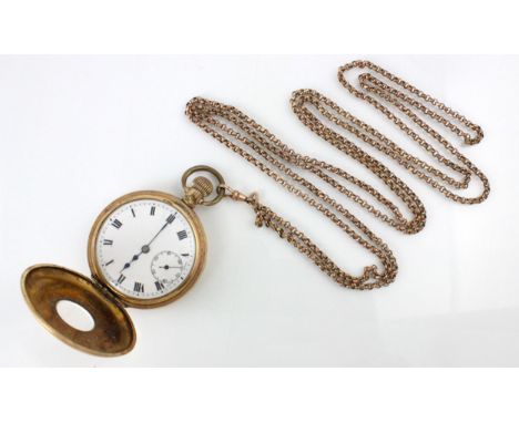 A gold plated half hunter pocket watch, the white enamel dial with Roman numerals and subsidiary dial to 6 o'clock, set to pl