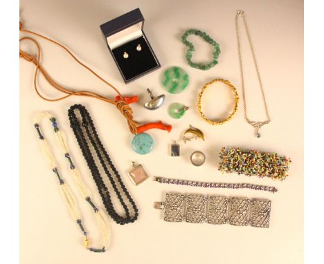 A selection of jewellery, including a pair of untested cultured pearl and diamond stud earrings, post fittings stamped '925' 