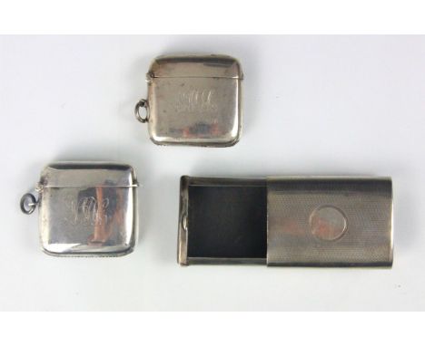 A group of three silver vesta cases, including a George V silver snuff box, William Hair Haseler, Birmingham 1929, with slide