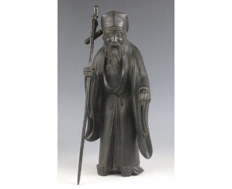 A fine Japanese Tokyo School bronze model of Jurojin, 19th century, signed, Juroin, one of the Seven Gods of Fortune and long