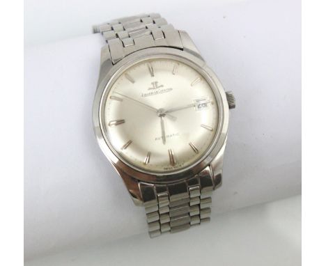 A Jaeger LeCoultre stainless steel automatic wristwatch, the silver coloured circular dial with baton markers and date apertu