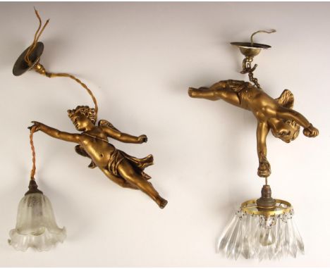 A Victorian gilt metal hanging cherub light fitting, late 19th century, the cherub modelled with extended arm supporting a pr