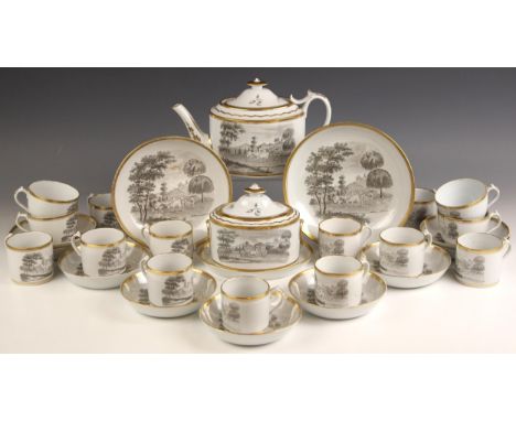 A George III porcelain part tea service by Miles Mason (British, 1752–1822), early 19th century circa 1805, decorated en gris