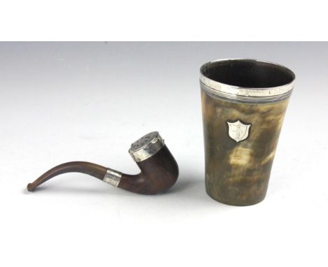 A 19th century silver mounted presentation horn mug, the plain polished rim engraved 'in celebration of 3rd prize for 100 yar