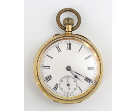 A yellow metal ladies open faced pocket watch, the white enamel dial with Roman numerals and subsidiary dial to 6 o'clock, se