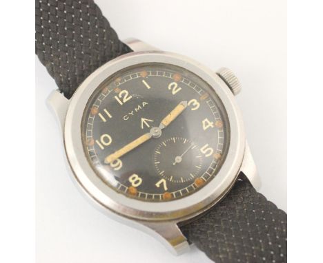 MILITARY INTEREST: A Cyma 'Dirty Dozen' wristwatch, the circular black dial with luminous hands, Arabic numerals and subsidia