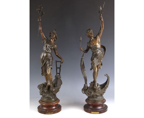 Two French bronze patinated spelter figures in the manner of August Moreau (French, 1834-1917), early 20th century, titled 'L