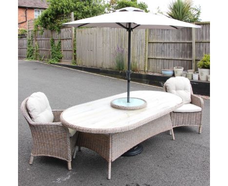 A Cox and Cox Hatfield part outdoor dining set, bearing 'LG Outdoors' tag, the faux rattan patio/garden part suite, comprisin