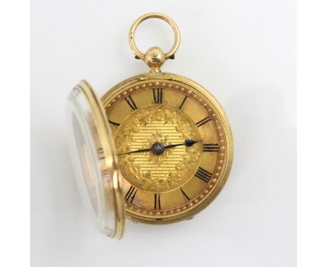 An early 20th century 18ct yellow gold ladies open faced pocket watch, the gold coloured dial with engine turned and floral d