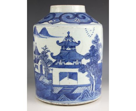 A large Chinese porcelain blue and white tea caddy, Qianlong (1735-1796), of cylindrical form and externally decorated with a