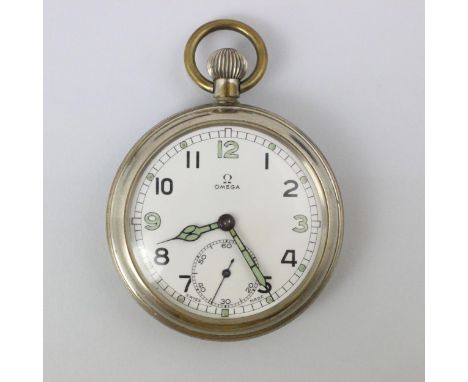 MILITARY INTEREST: A military issue Omega open faced pocket watch, the white enamel dial with Arabic numerals and subsidiary 