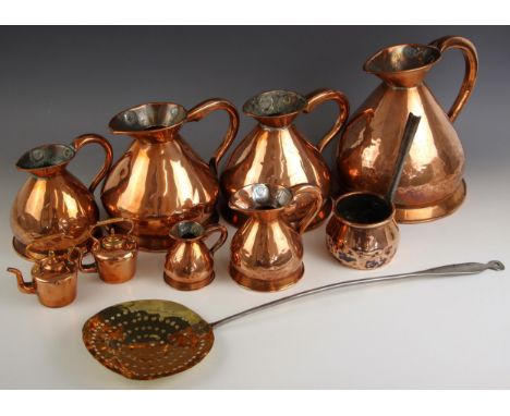 Five graduated copper haystack measures, late 19th century, some with lead or stamped 'V R' excise seal, comprising Gallon, H