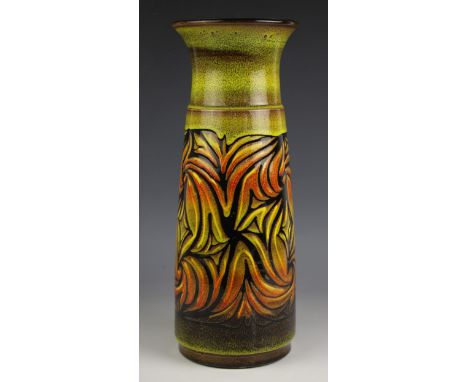 A Poole Pottery vase of large proportions from the 'Aegean' range, mid 20th century, of tapering cylindrical form with flared
