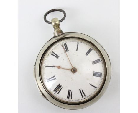 A 19th century silver verge pair cased pocket watch, the circular white enamel dial with Roman numerals set to plain polished