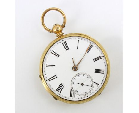 A 19th century 18ct yellow gold open faced pocket watch, the white enamel dial with Roman numerals and subsidiary dial to 6 o