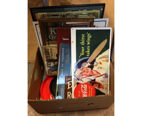 A collection of modern enamel signs and mirrors etc.