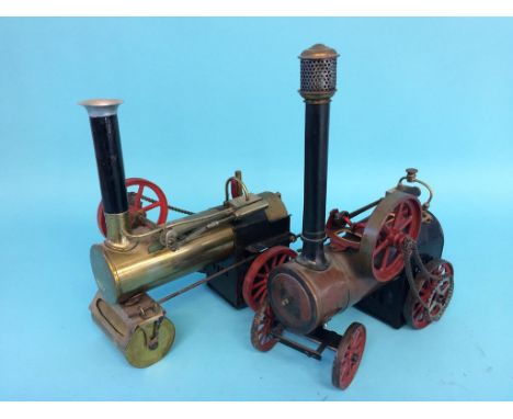 A model spirit fired traction engine, stamped G.B.N. Bavaria, and another spirit fired engine, approx. 22cm wide (2)