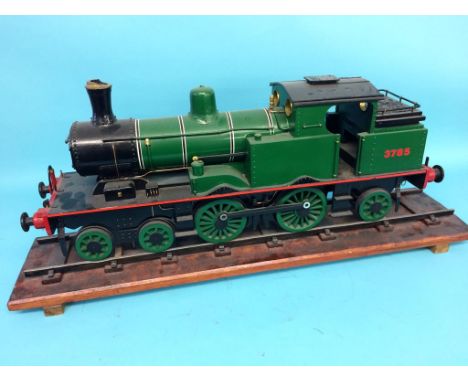 A 3 ½ inch gauge scratch built wooden static display model of a Hunslet Works locomotive, no. 3785, with green livery, 72cm l