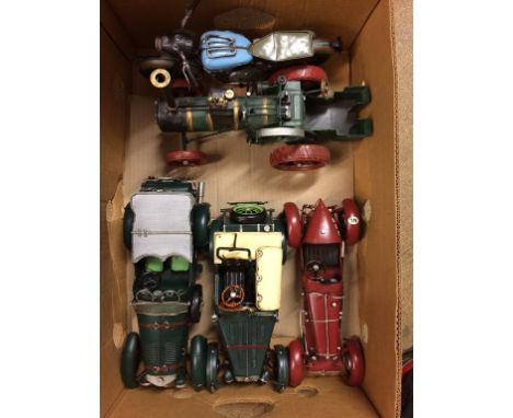 Three modern model cars, a motor cycle and a traction engine (5)