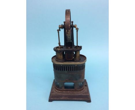 A model spirit fired vertical beam engine, 18cm width x 37cm height
