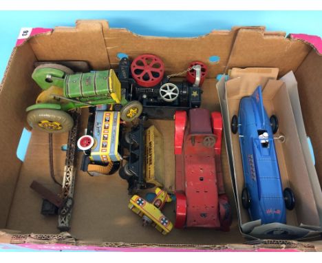 A box containing a Mettoy tractor, model of Bluebird car etc.