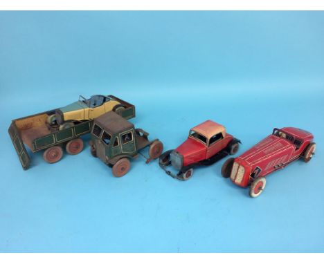 A clockwork Dunlop Fort, number '7' tinplate racing car, a Chad Valley clockwork open top car, a Chad Valley clockwork vintag