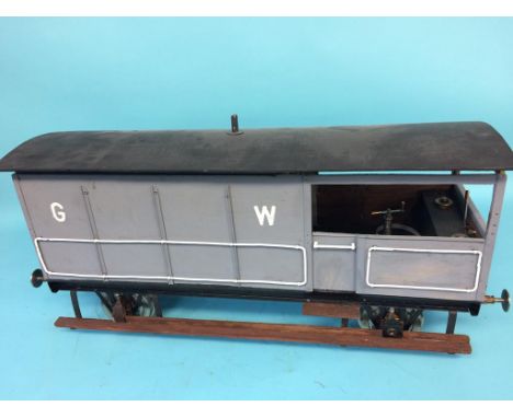 A 5 inch gauge model of a Great Western 20 ton Brake van, with grey livery