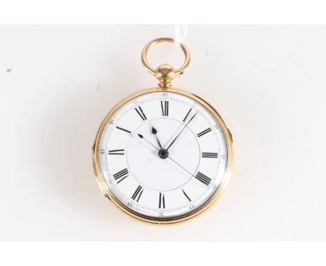 18ct gold cased open faced key wound pocket watch, the white enamel dial with Roman numeral chapter ring outer Arabic seconds