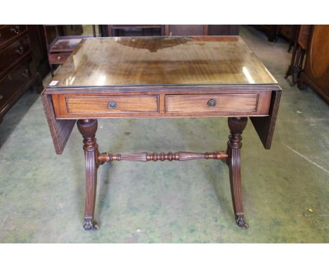 Antique mahogany sofa table with two drop leafs, frieze drawers above trestle ends capped by brass feet with castors, 80cm ta