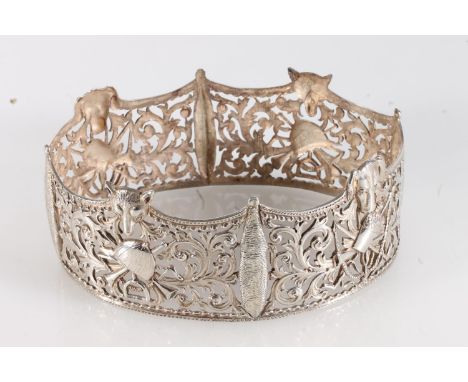 Victorian pierced silver oval ring shaped dish with hunting theme including fox head, dog heads, hunting horns, caps etc. by 