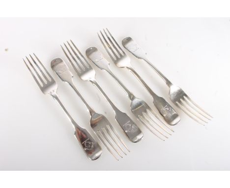 Set of six Victorian silver table forks of fiddle pattern with hunting horn crest by Samuel Hayne &amp; Dudley Cater, London 
