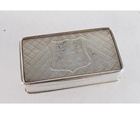 Victorian silver snuff box of rectangular form with simulated tartan pattern to the body, inscription to shield cartouche rea