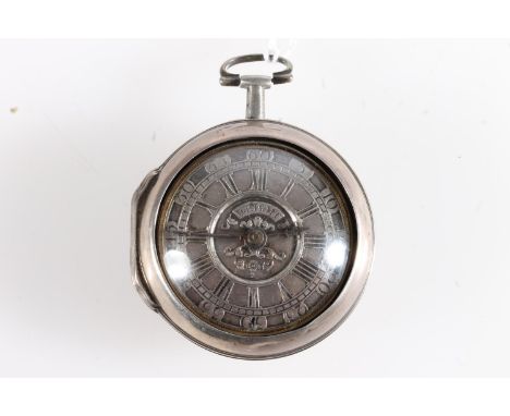 Antique pair case pocket watch by A Wright of London, the silver dial with Roman numeral chapter ring and outer Arabic numera
