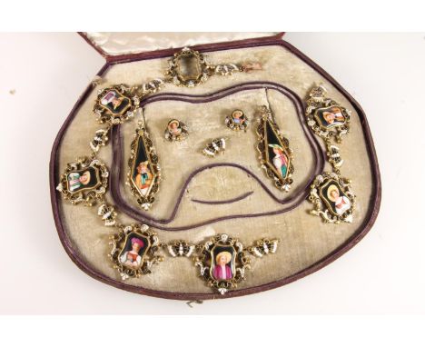 French or Russian style gilt metal and enamel necklace (af) formed of seven panels, six with enamel portraits, interspersed b