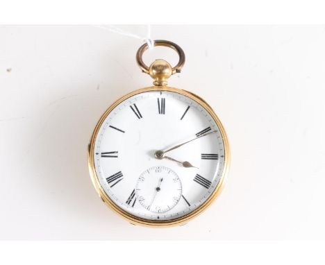 18ct gold cased open faced key wound pocket watch, the white enamel dial with Roman numeral chapter ring and subsidiary secon