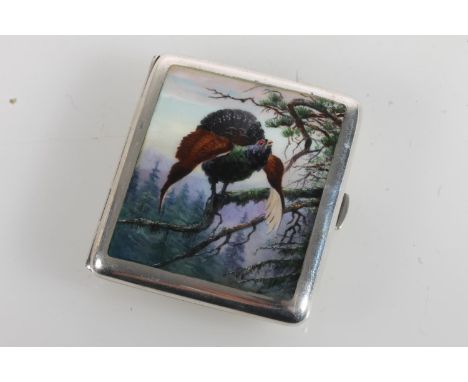 Art Deco Continental silver and enamel cigarette case the top with a capercaillie on branch, makers marks 'JS', the gilded in