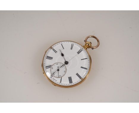 18ct gold cased open faced key wound pocket watch, the white enamel dial with Roman numeral chapter ring and subsidiary secon