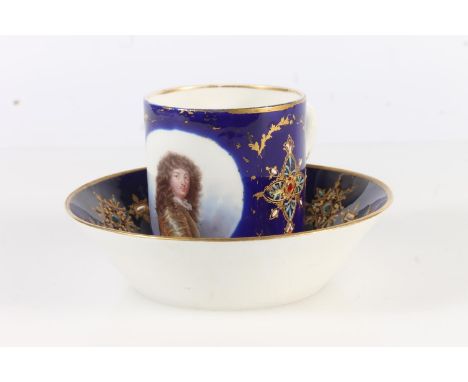 Sevres porcelain cabinet cup and saucer with vignette depicting portrait of King Louis XIV, dated letter for 1757, 'A-Asselin
