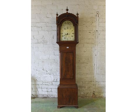 Stratton Devices longcase grandfather clock in mahogany and boxwood strung case having silvered dial.